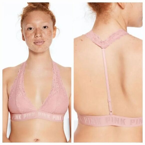 NEW Victoria's Secret Pink Lace T-Strap Logo Bralette in Pink Size Small - Picture 14 of 15